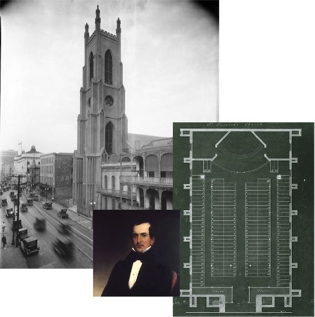 Collage with man's portrait, church building, and architectural plan for church