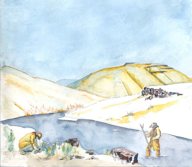A watercolor illustration of two men at the banks of a river surrounded by hills made of basalt and covered in tan grasses.