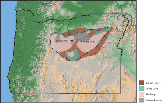 Image of an Oregon Map with the John Day strata in different colors.