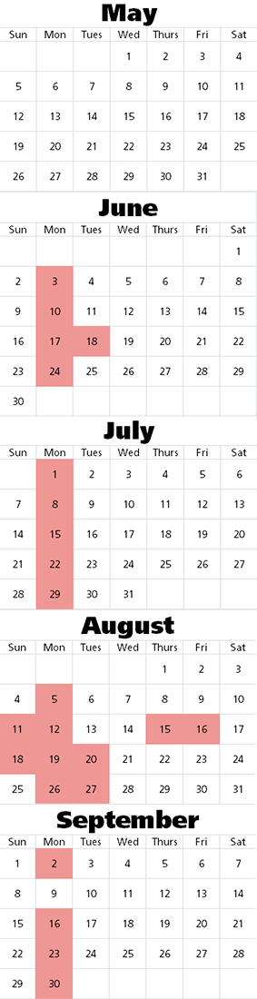Calendar indicating closure dates of the Thomas Condon Paleontology Center