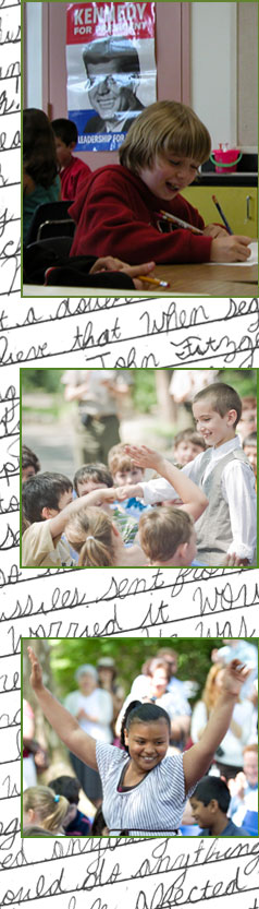 One photo shows a student writing his essay in the classroom. The other two photos show students celebrating after their essays were chosen as winning essays. 