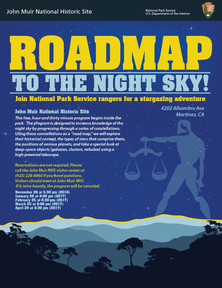 Flyer for "Roadmap to the Nigh Sky". Silhouetted trees against a night sky.