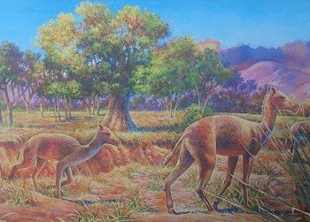 An artist depiction of camels in Joshua tree during the Pleistocene era