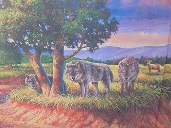 an artist rendition of three dire wolves under a tree