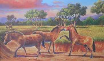 An artist rendition of horses in Joshua Tree during the Pleistocene era