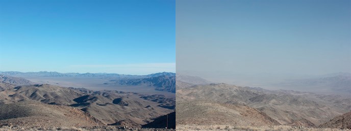 two views of a desert scene, one with distant mountains clearly visible, the other obscured by haze