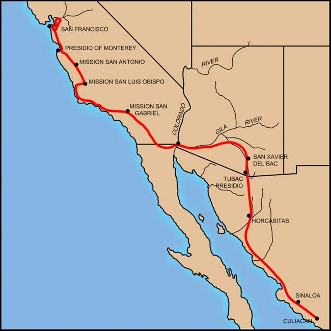 A map of western North America showing the route of the 1775-76 Anza Expedition