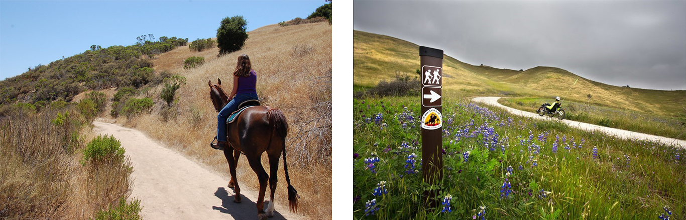 Left image shows a horseback rider and right image shows a bicyclist, both on different sections of the Anza Trail in Fort Ord, NM