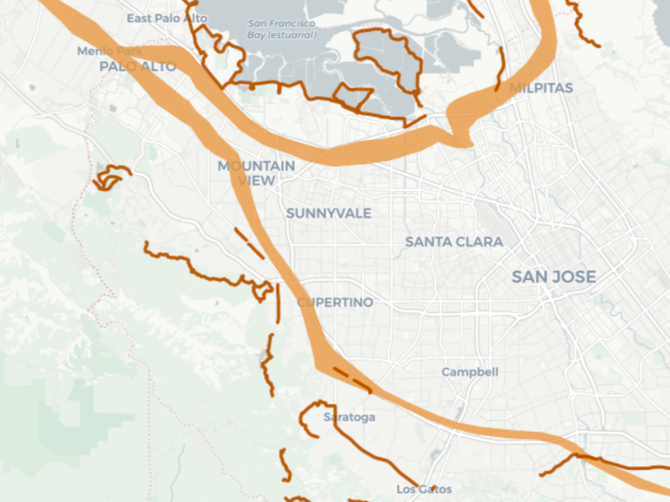 A map of the San Jose area in Northern California shows the certified Anza Trail recreation segments (in red) in relation to the historic corridor (in yellow).