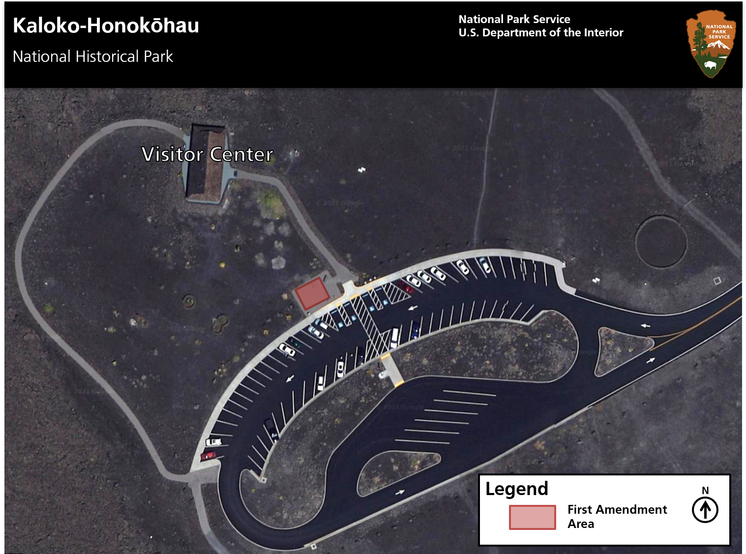 A map showing the designated first amendment area near the Kaloko-Honokōhau Visitor Center. Full alt text below image.