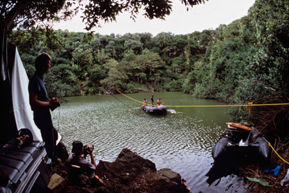 Exploring depths of the Kauhako Crater pond.