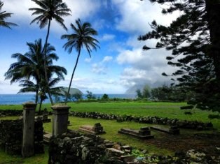 Grave sites, a rock wall and a large lawn with a few palm trees overlooking the ocean.