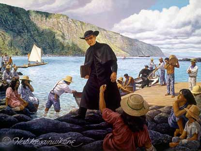 Herb Kane painting of Damien arriving at Kalaupapa.