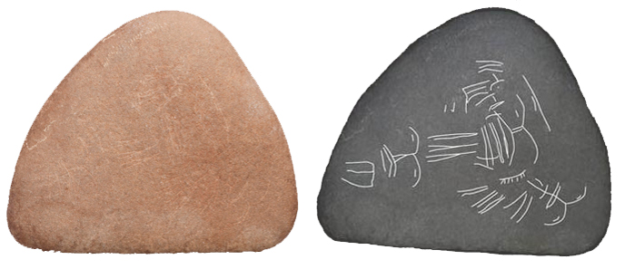 Etched pebbles. The pebble on the right was digitally enhanced to show the etchings.
