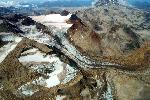 Ash-covered glacier on slopes of Mt Katmai
