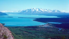 The Iliuk Arm of Naknek Lake and Brooks Camp as seen from Dumpling Mountain.