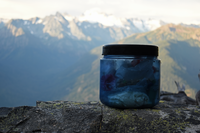A blue bear-proof food canister sits on a rock with a mountain behind.