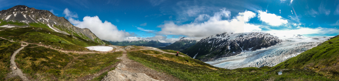 Panorama of the upper Harding Icefield trail, Kenai Fjords National Park.