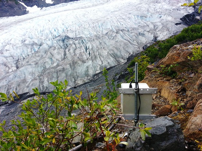 View of a time-lapse camera, and the background is Exit Glacier. 