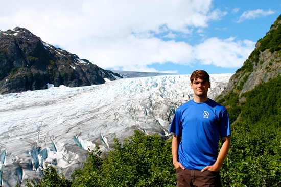 Author in front of Exit Glacier on the Harding Icefield Trail.
