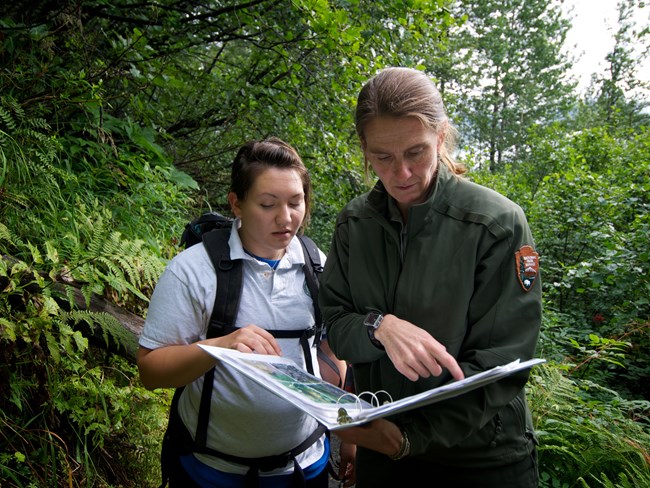 A youth employee and park ranger read pages in a binder with a forest behind them.