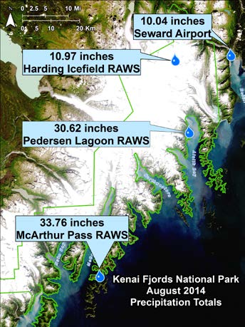 Map of Kenai Fjords National Park, with the rainfall measured at 3 Remote Automated Weather Stations (RAWS) and at the Seward Airport.