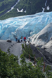 Visitors hiking on the Exit Glacier overlook loop trail Visitors hiking on the Exit Glacier overlook loop trail
