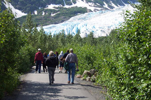 Visitors on the main, paved trail to Exit Glacier.