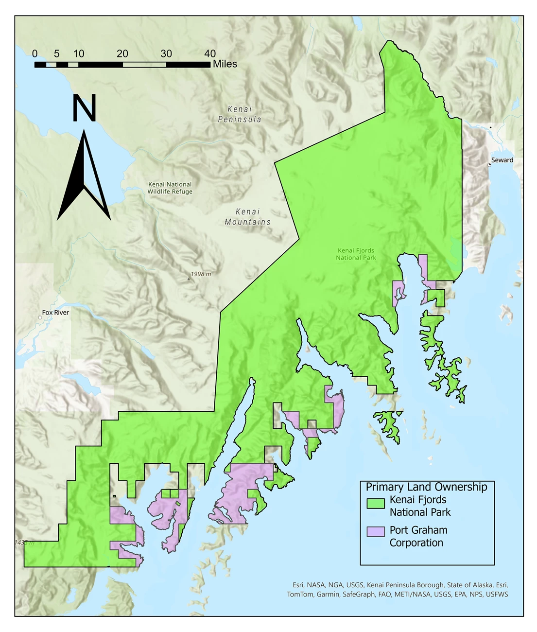 Map showing the land ownership boundaries of Kenai Fjords National Park and Port Graham Corporation. Purple sections of the map indicate private ownership and green land owned by Kenai Fjords National Park.