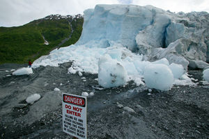 Dangerous, unpredictable ice fall at Exit Glacier.