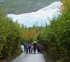 School group walking down the paved trail at Exit Glacier.