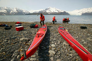 Unloading supplies at the Aialik Bay Public Use Cabin.