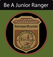 Plastic park ranger badge with text: junior park ranger Kennesaw Mountain National Park.