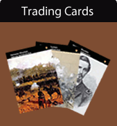 3 rectangular cards fanned out on brown backdrop. 2 cards have battle scenes and 1 has a male portrait.