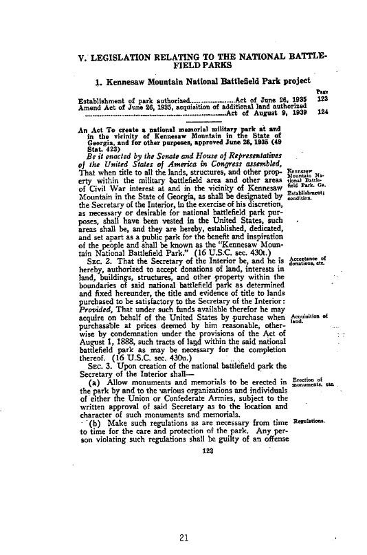 Legislation Relating to the National Battlefield Parks. See Transcript in Appendices Legislation A-2.
