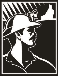 A white and black illustrated logo with a miner that has a hat with a light on it.