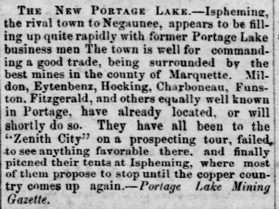 1870 article from the Portage Lake Mining Gazette