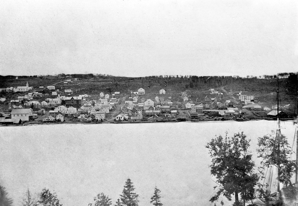 The Village of Houghton is seen here from across Portage Lake around 1865