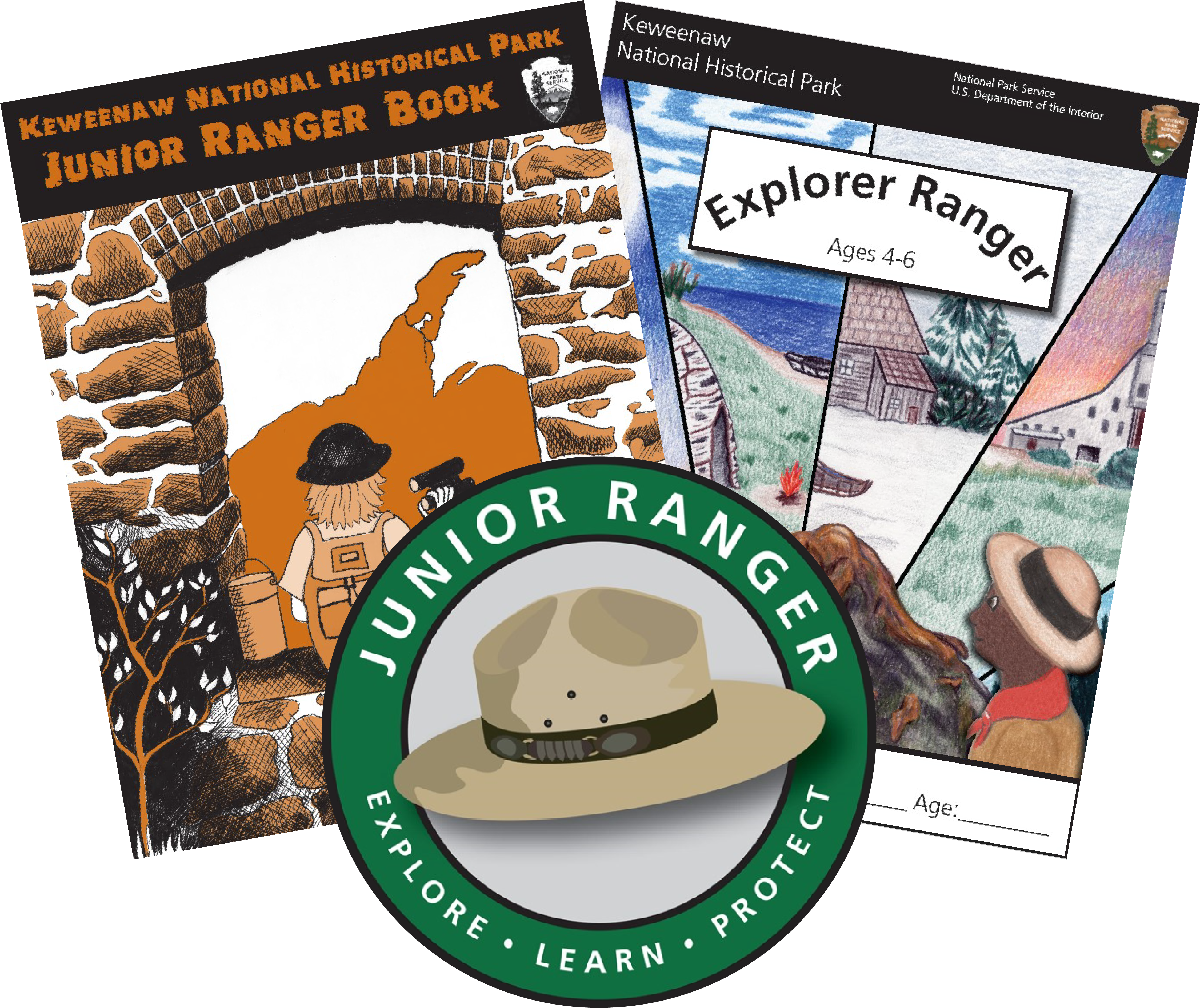 Two junior ranger books and a junior ranger logo