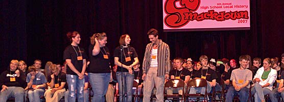 Photo: Winners of the 2007 High School Local History Smackdown answer a question.