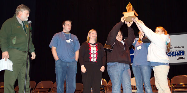 The Baraga Boondocks, winners of the 2006 Smackdown, hoist the trophy during the awards ceremony.