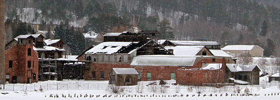 Snow falls on the remains of the Quincy Copper Smelter complex near Hancock, Michigan