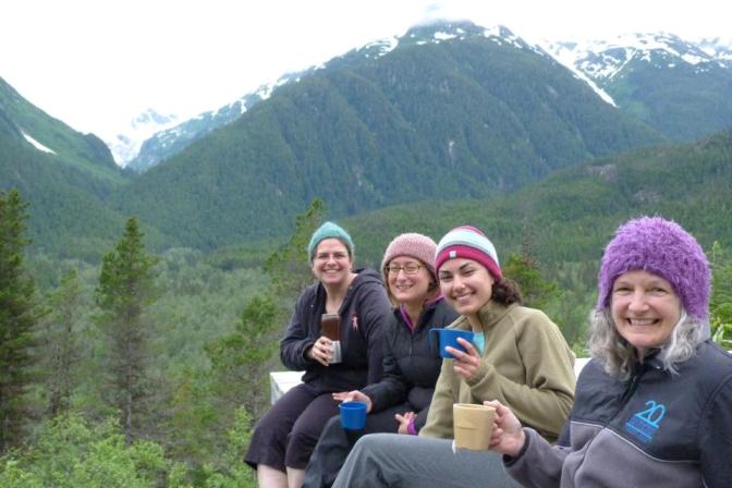 [Photo 1] After a successful first day, the curatorial team enjoyed hot chocolate and tea at Canyon City, about 8 miles from the trailhead in Dyea