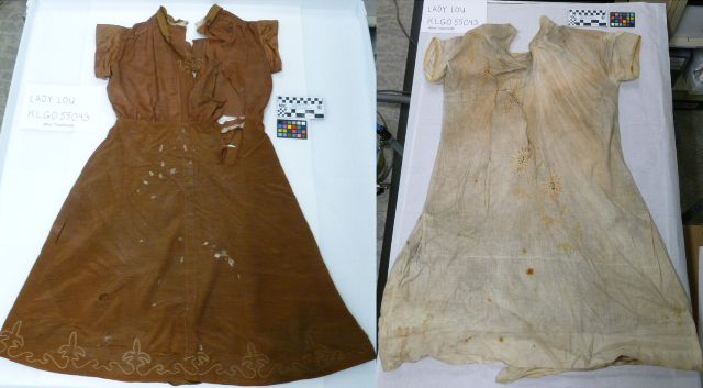 Lady Lou's garments placed in archival boxes for safe storage