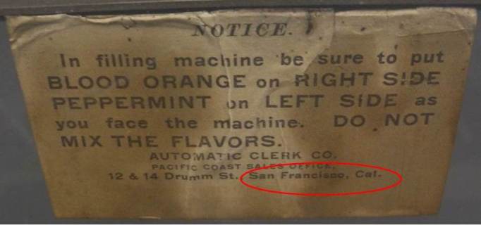 Manufacturer's label on gum machine from Jeff. Smiths Parlor. Manufacturer's label on gum machine from Jeff. Smiths Parlor.