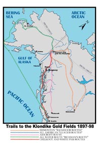 The map of the Northwest coast of North America shows the routes to the Klondike gold fields.