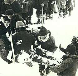 Klondikers recovering the bodies of the tramway workers buried in the avalanche on Chilkoot Pass, Alaska, April 3, 1898 from University of Washington's Eric A. Hegg Collection.
