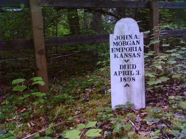 Wooden grave marker in front of a fence in a forest