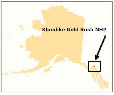 Map of Alaska with text reading "Klondike Gold Rush National NHP" and arrow pointing to a red dot in a box.