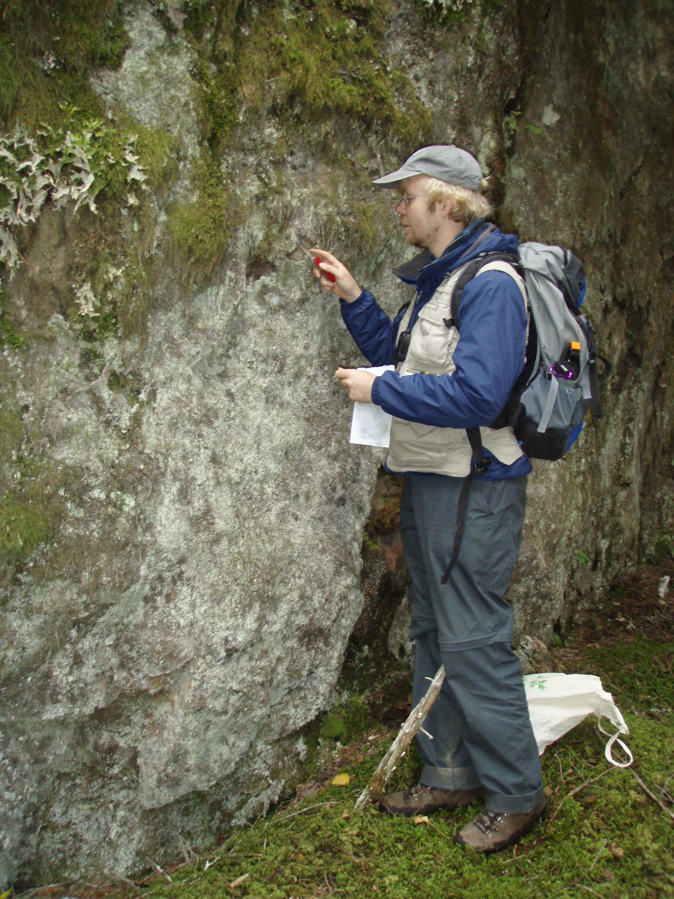 Collecting lichens on a rock outcrop at KLGO